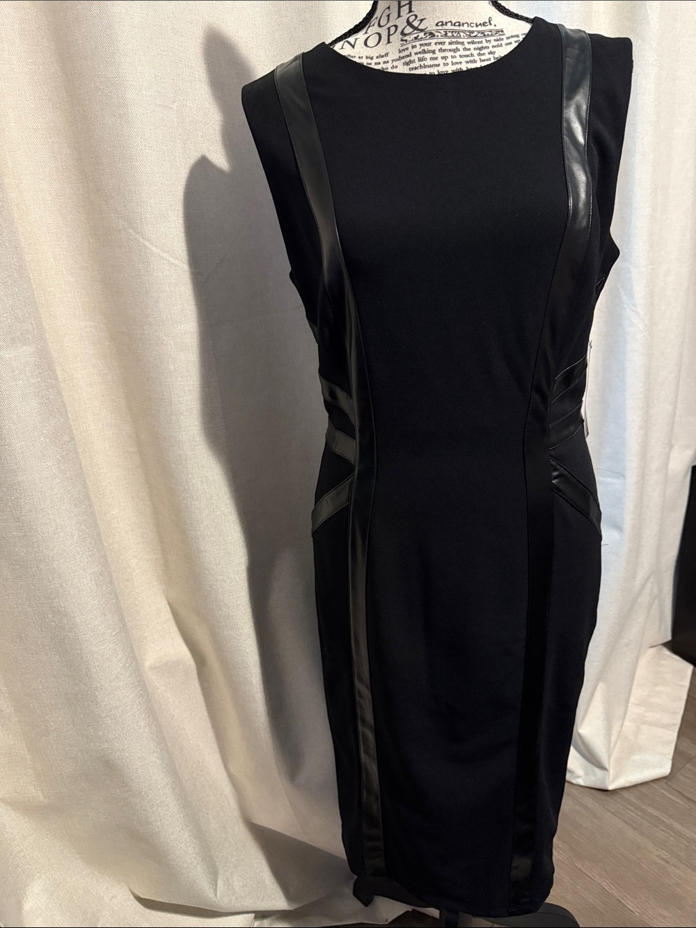 NWT New York & Company Black Faux Leather Trim Sheath Dress w/ Pockets Size M